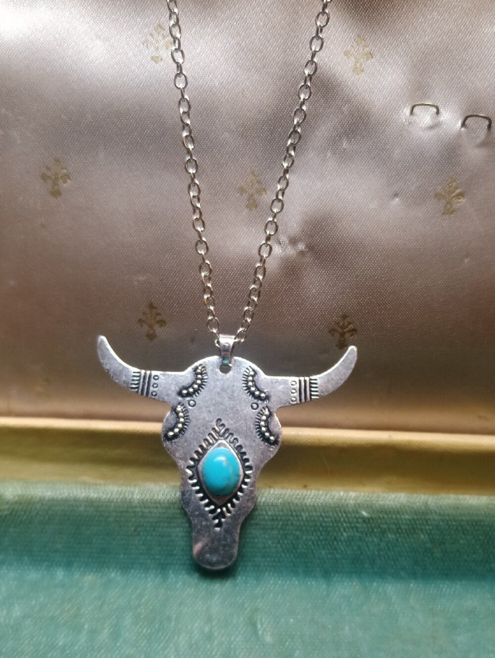 Turquoise Stone Bull Skull Pendant Necklace - Silver Tone - Picture 2 of 4